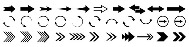 在一个孤立的背景上的一组黑色的矢量箭头。不同形状和厚度的箭头。现代箭头为您的设计或网页。向量EPS 10图片下载