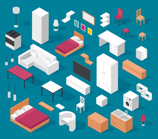 等距的家具。桌子，橱柜，床，椅子，沙发，灯，炉子，冰箱。现代客厅、卧室、厨房等室内元素向量集图片下载