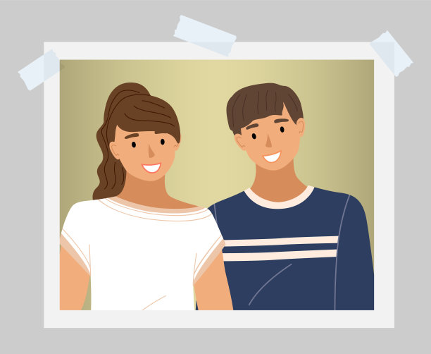 白色相框的年轻人照片卡。朋友男孩和女孩，照片粘在墙上图片下载