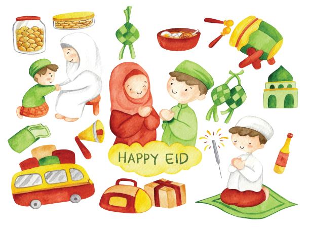 手绘Eid Mubarak或Idul Fitri涂鸦剪贴艺术在水彩矢量插图图片下载