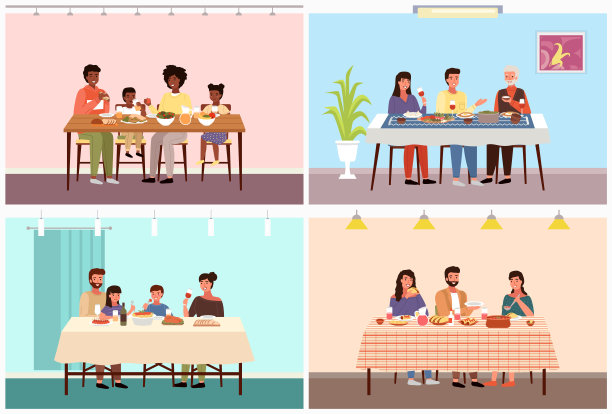 关于不同国家的家庭吃传统食物的主题插图集图片下载