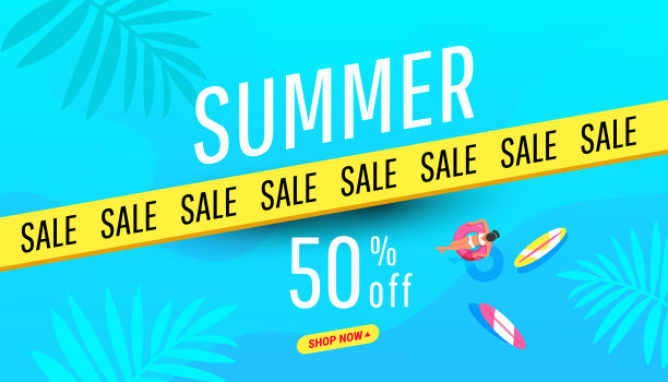 季末夏季销售旗帜时尚明亮的颜色与热带树叶和折扣文本。促进矢量图图片下载