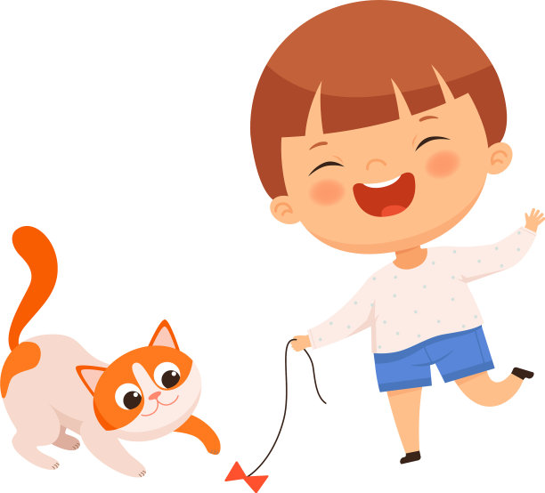 小男孩笑着和他的宠物猫玩图片下载