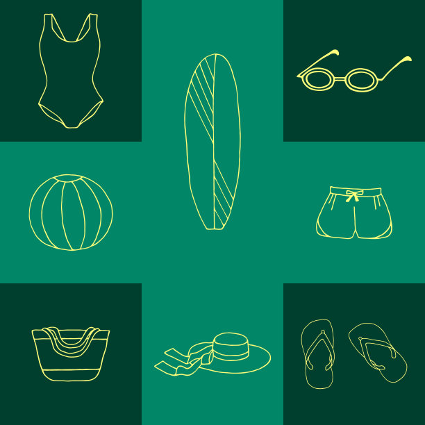 一套在海滩上放松的衣服和配件。矢量图。图片下载