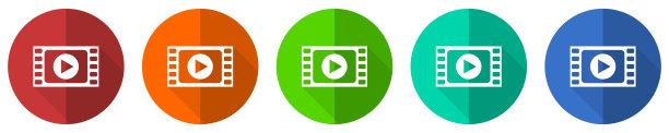 视频图标设置，红色，蓝色，绿色和橙色平面设计网页按钮隔离在白色背景，矢量插图图片下载