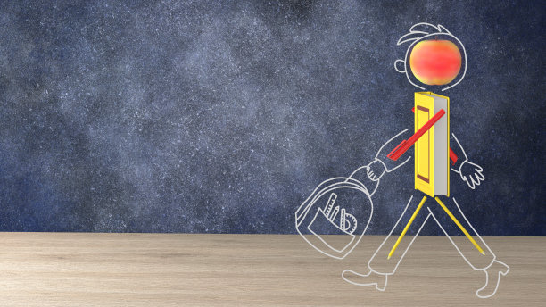 一个来自学校用品的人物步入新学年。重返校园的概念。关于教育主题的插图。三维渲染图片下载