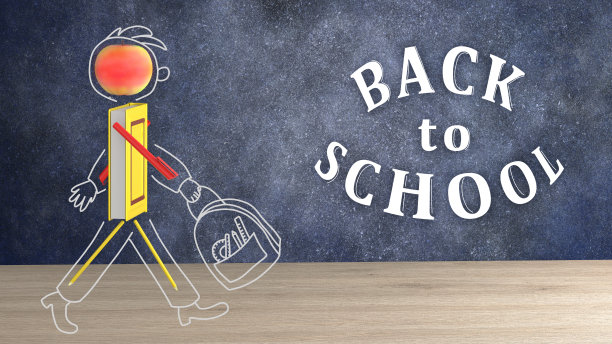 一张明信片，上面写着学校用品上的一个人物，即将步入新学年。重返校园的概念。关于教育主题的插图。三维渲染图片下载