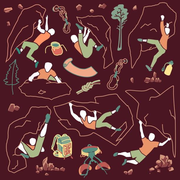 登山、登山露营和探险远足大集合。树木、背包、装备、绳索、岩石、石头户外旅游理念。攀登者孤立的剪影图片下载