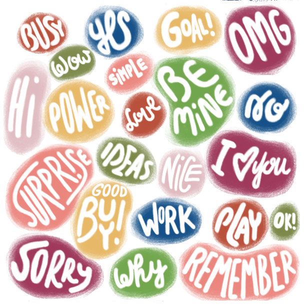 忙碌，是的，不，目标，OMG，嗨，哇，力量，简单，爱，成为我的，我爱你，想法，爱，惊喜，抱歉，好买，工作，玩，OK，为什么，记住-单词在泡沫演讲。字母的卡片。图片下载