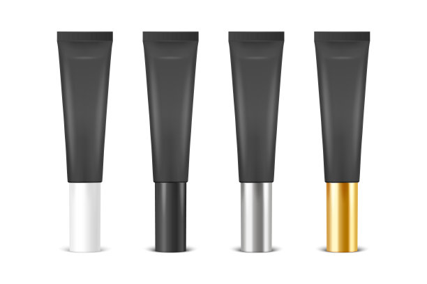 向量3d现实塑料，金属黑色唇膏，口红，奶油管，包装设置隔离在黑色背景。采购产品为模型的牙膏，化妆品，霜，牙膏的设计模板。前视图图片下载