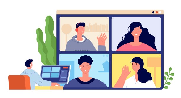 在线会议。年轻客户会议，家庭商务研讨会。高管网络电话，商人视频聊天。组上监测utter矢量概念图片下载