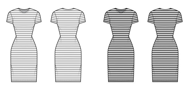 用条纹，短袖，合身的身体，及膝铅笔裙的水手技术时尚插图。平图片下载