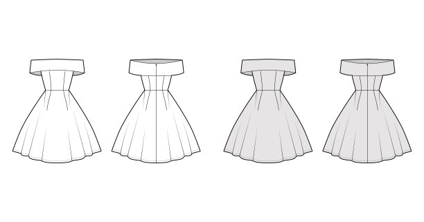 穿着露肩Bardot技术时尚插图无袖，合身的身体，及膝长圆形裙子图片下载