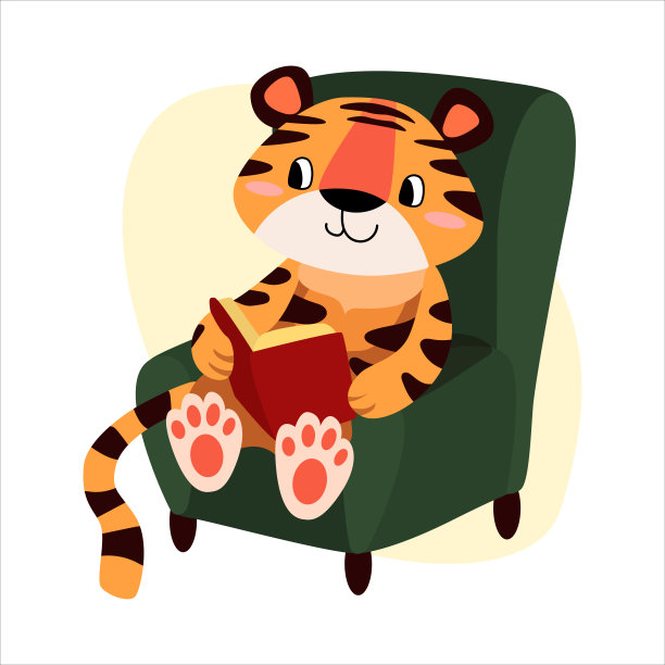 儿童的矢量插图，一个可爱的老虎幼崽读一本书，而坐在绿色的扶手椅在卡通风格。农历虎年图片下载