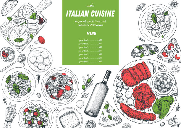 意大利菜。前视图。示意图说明。意大利菜。设计模板。手绘矢量插图。黑色和白色。雕刻风格。意大利面和披萨，开胃菜。正宗的菜肴。图片下载