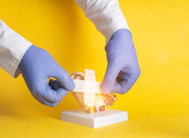 医生将膏药粘在黄色背景上的人耳模型上。新冠肺炎后听力治疗及康复理念图片下载