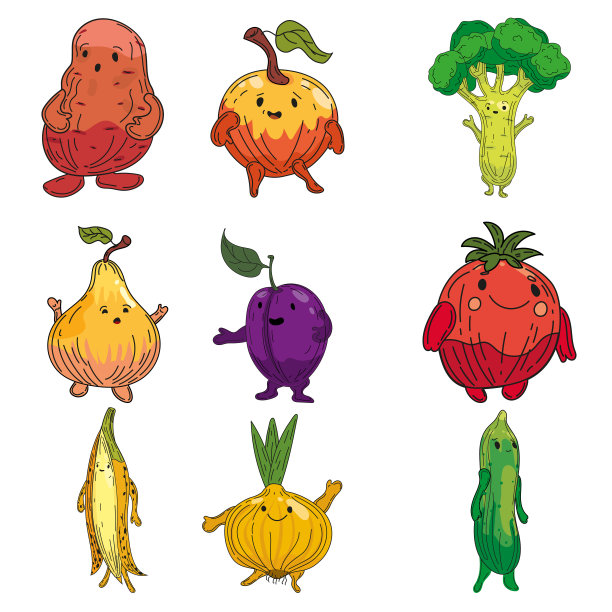 蔬菜套手绘素描人物卡通。收藏土豆、洋葱、李子、梨、黄瓜、洋葱、香蕉图片下载