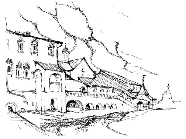 矢量黑色和白色的墨水和钢笔跟踪手绘建筑景观素描与古代建筑在苏兹达尔镇，俄罗斯传统建筑风格图片下载