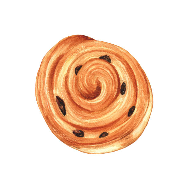 甜葡萄干卷的水彩插图，在白色孤立的背景。美味的糕点绘画。图片下载