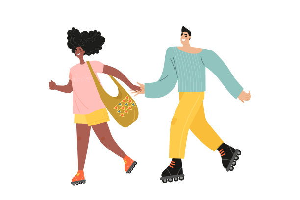 一对年轻夫妇正在单独滑旱冰素材图片