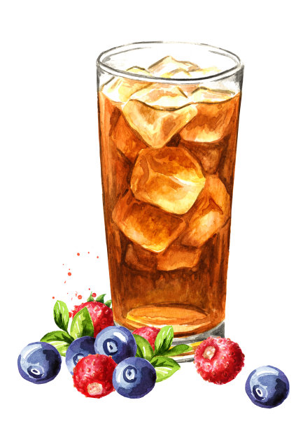 一杯有野莓、蓝莓和草莓的冰茶。水彩手绘插图孤立的白色背景图片下载