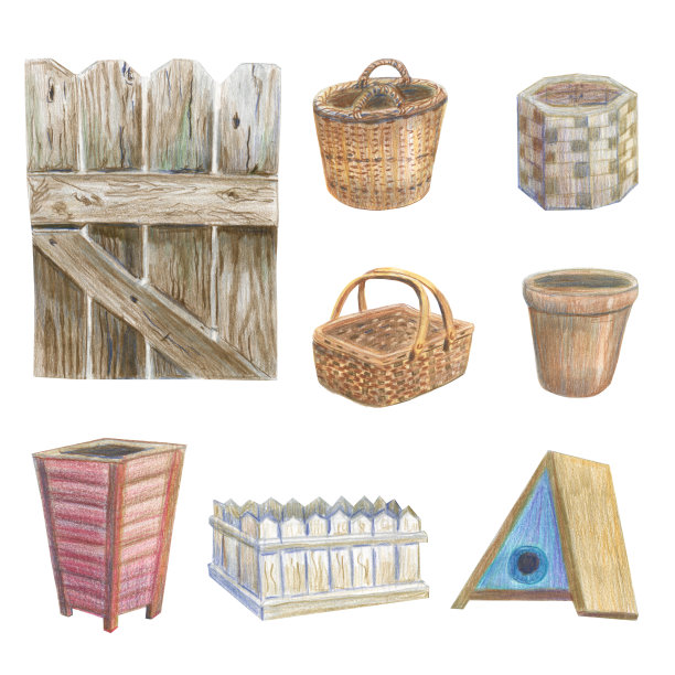 一套不同的木制和柳条项目，在花园里使用。用彩色铅笔的技术制成。手绘。图片下载