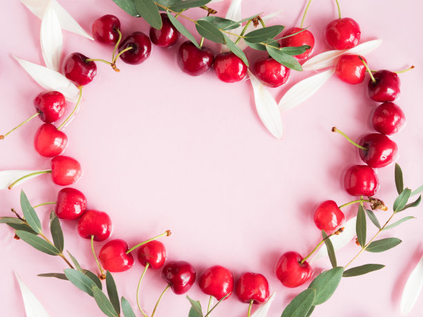 樱桃浆果心形框架与花瓣在水在粉红色的背景图片下载