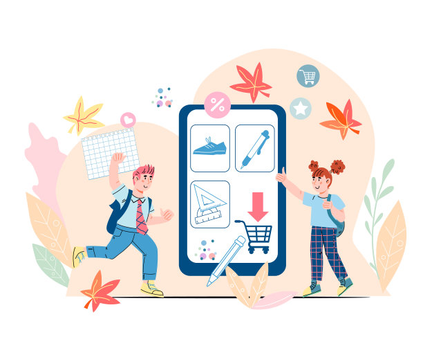 学校文具用品网上销售横幅，卡通矢量插图。图片下载