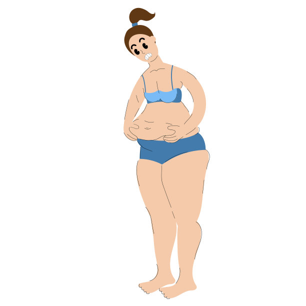 胖女人摸着肚子。穿着泳衣露出肚子的女人。股票矢量插图孤立在白色背景。图片下载