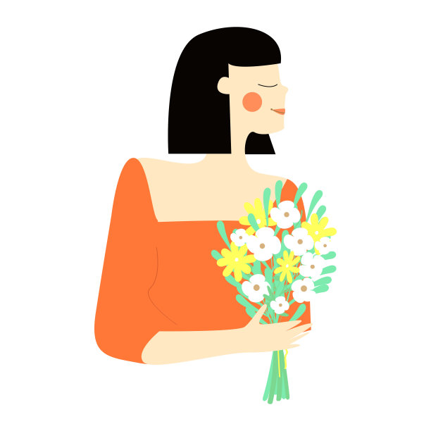 深色短发，红色衬衫，手持一束鲜花的女人。图片下载