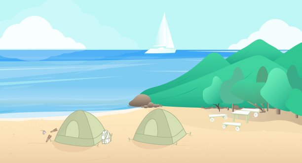 插图露营地与帐篷在海滩上，海洋在山的背景。暑假夏令营的背景资料。适用于网页设计，网页设计，横幅设计，壁纸图片下载