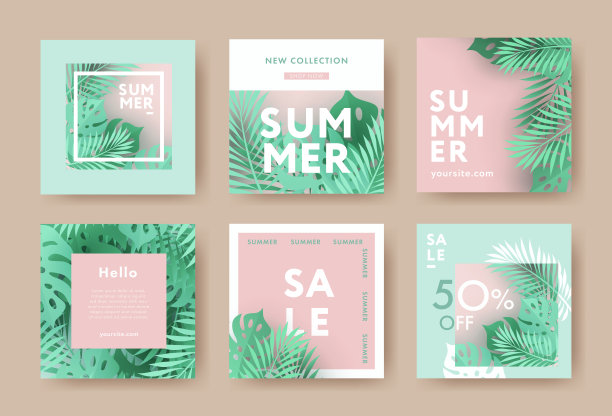 向量组抽象的夏季背景与文本复制空间，热带树叶和植物在浅薄荷绿和软粉红色的颜色。现代设计模板图片下载