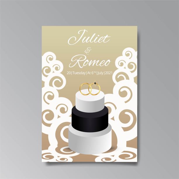 装饰艺术，新艺术婚礼请柬，金色，与婚礼蛋糕奢华优雅复古风格。图片下载