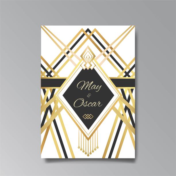 装饰艺术，新艺术婚礼请柬，金色，白色浅米色奢华优雅复古风格。图片下载