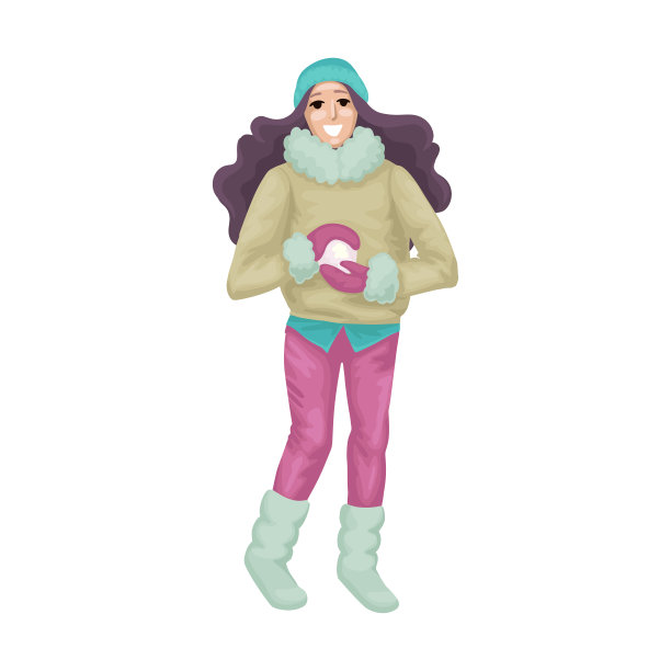 快乐的女人在堆雪球。矢量图图片下载