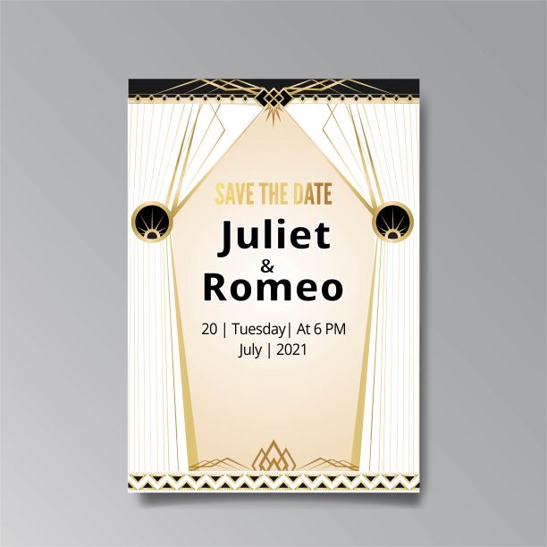 装饰艺术，新艺术婚礼请柬，金色，白色浅米色奢华优雅复古风格。图片下载