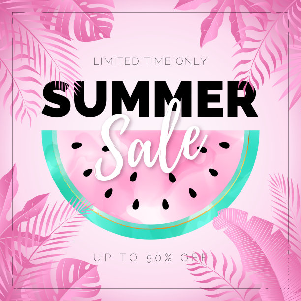 带西瓜的粉色夏季促销横幅图片下载