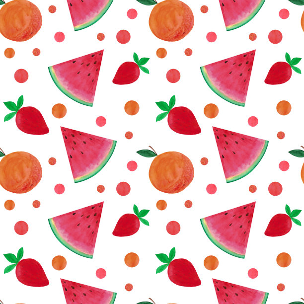 无缝夏季图案与手绘橙子和西瓜在白色的背景。适合纺织和织物印花，包装纸，墙纸，剪贴簿图片下载
