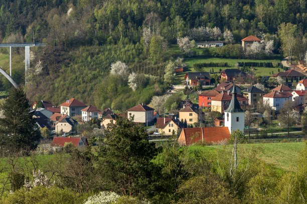 捷克国家教堂。周日早上春天。圣马丁哥特式教堂。Dolni louky村-捷克共和国。建于13世纪中叶。图片下载