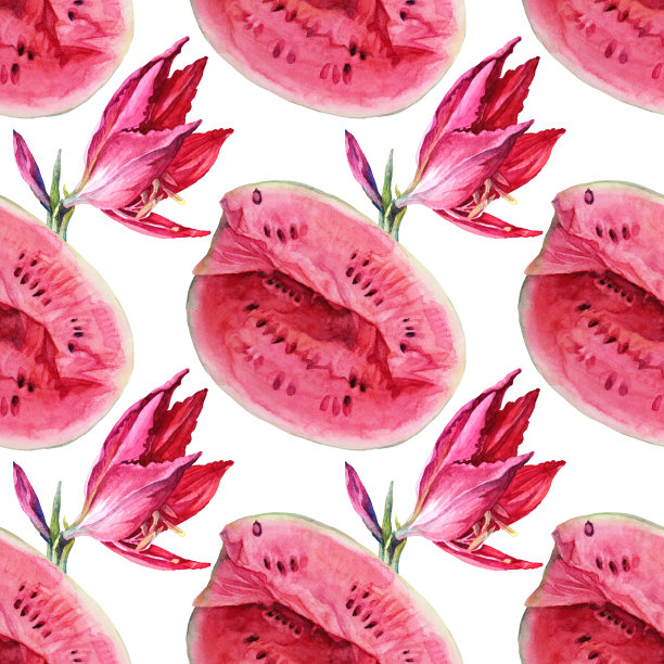 无缝模式水彩手绘西瓜片和粉红百合在白色。夏秋水果甜食。创意现实的自然红色背景菜单，卡片，壁纸，包装，纺织品图片下载
