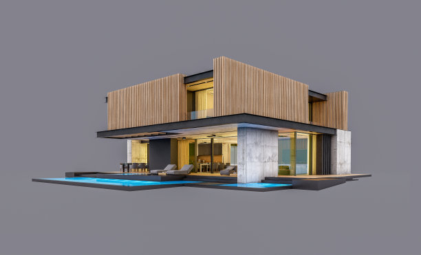 灰色背景现代木质房屋3D渲染图片下载