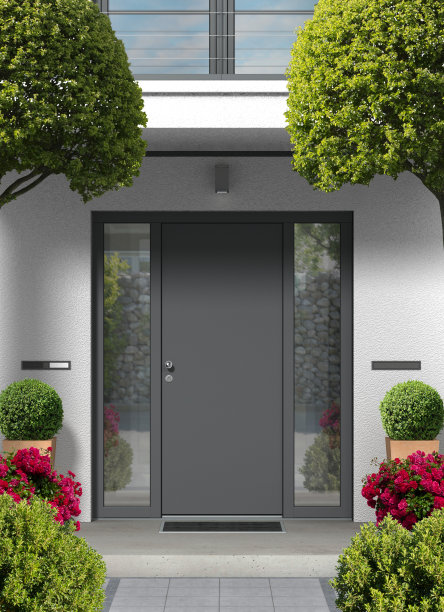 现代对称的家庭入口，有前门和阳台图片下载