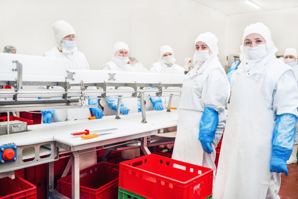 用肉类生产食品的工厂。肉类工厂的工业设备。现代化食品工厂的自动化生产线。图片下载