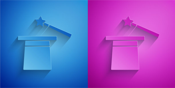 剪纸魔术帽和魔杖图标隔离在蓝色图片下载