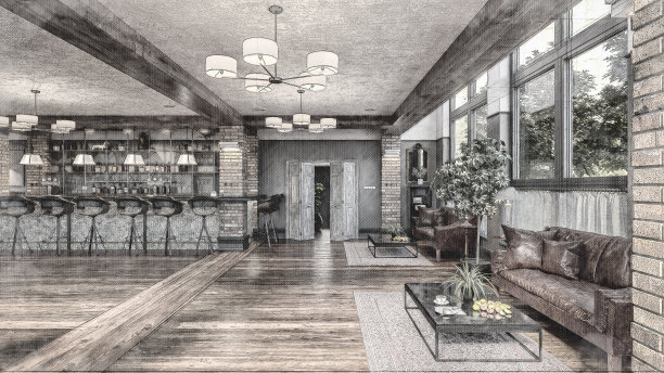 空大型复古餐厅酒吧与休息室角落，桌子和酒吧凳子，一半蓝图一半3D渲染图像图片下载