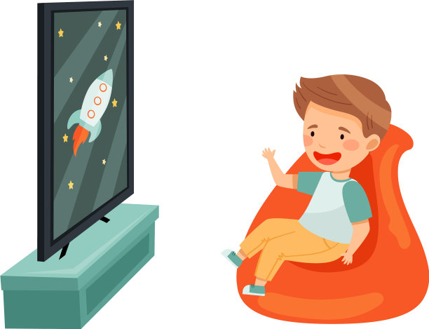 小男孩坐在扶手椅上看卡通片图片下载