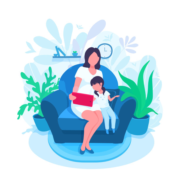 一位母亲和她的孩子坐在扶手椅上，看着平板电脑。父母和孩子一起阅读，玩耍，教学，学习。一个女孩触摸着屏幕。图片下载