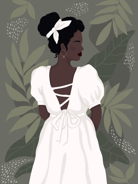 无脸的非洲新娘穿着白色复古礼服，在树叶的背景上打开背。现代插图平。用于海报、明信片、横幅、书籍或杂志封面图片下载