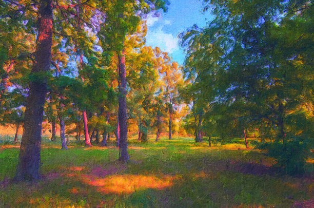 描绘春天森林的油画山水画图片下载