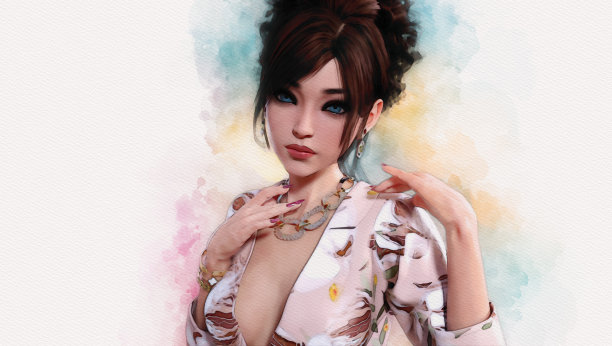 美丽的女人时尚3d插画风格的水彩画图片下载
